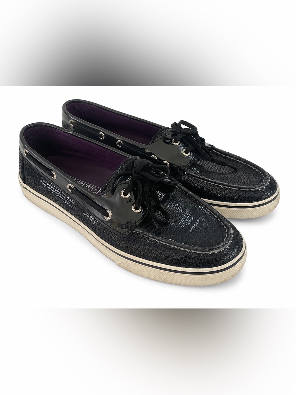 Sperry Bahama Womens 9.5 Black Sequin Patent Boat Shoes Loafers